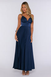 Late Night Plans Satin Pleated Maxi Dress Navy