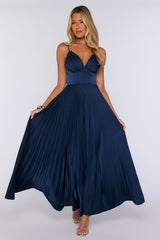 Late Night Plans Satin Pleated Maxi Dress Navy
