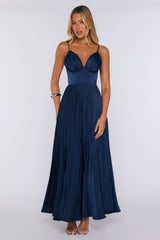 Late Night Plans Satin Pleated Maxi Dress Navy
