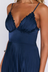 Late Night Plans Satin Pleated Maxi Dress Navy
