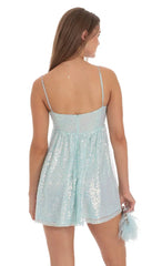 Sequin Front Bow Babydoll Dress In Seafoam Blue