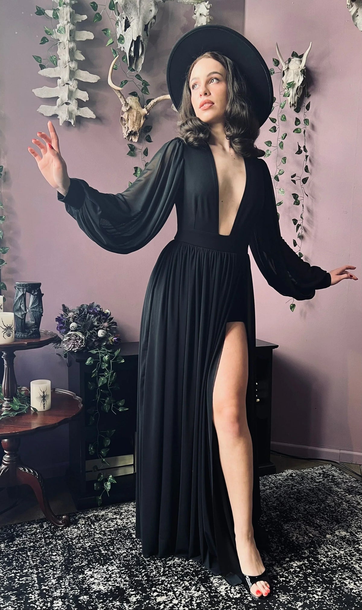 Minerva - Hauntingly Dramatic Mesh Maxi Dress With Built In Shorts