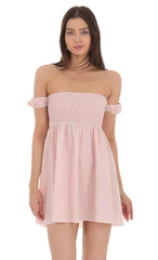 Striped Smocked Off Shoulder Dress In Pink