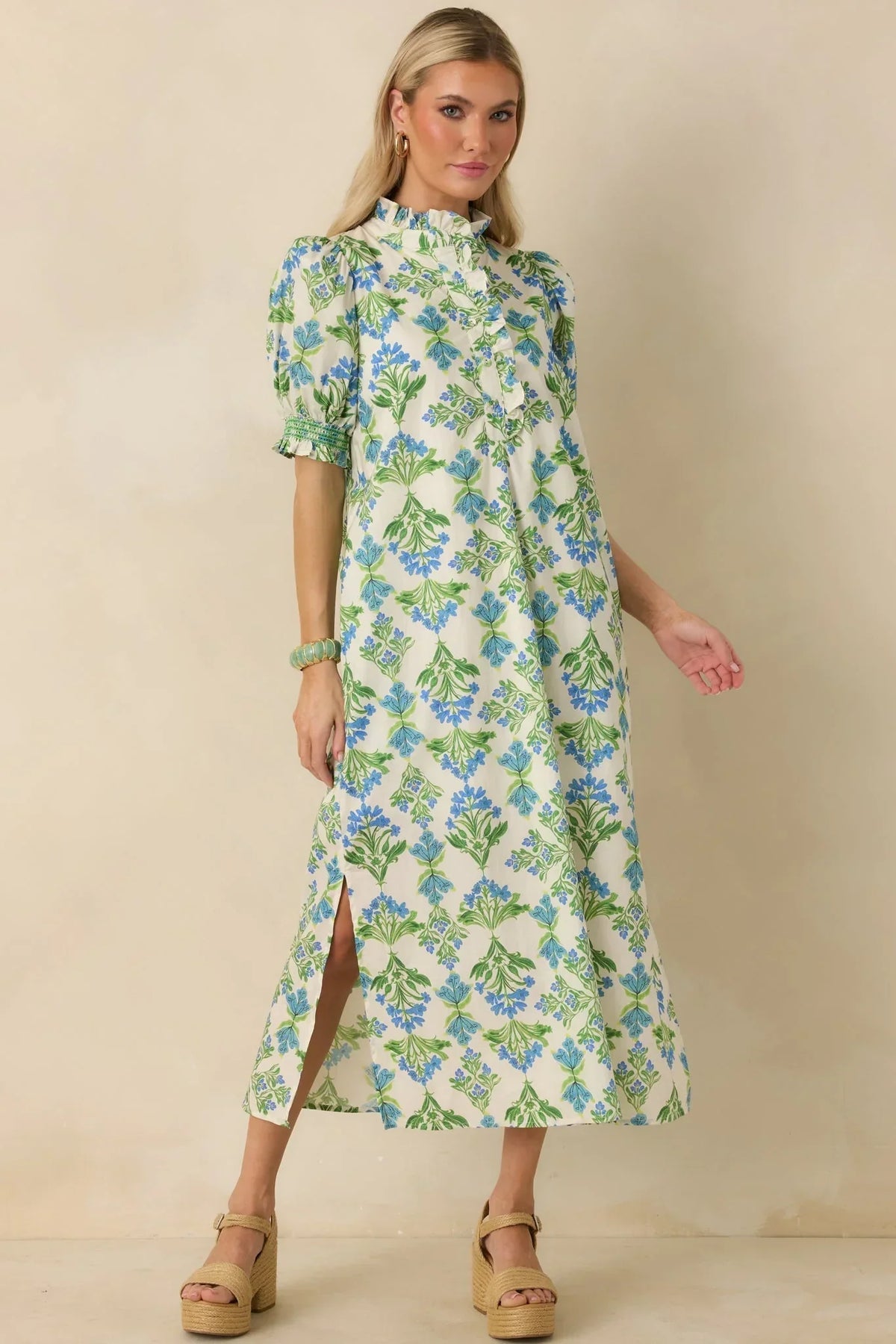 Fresh Fields Ivory Multi Cotton Floral Print Ruffle Neck Maxi Dress
