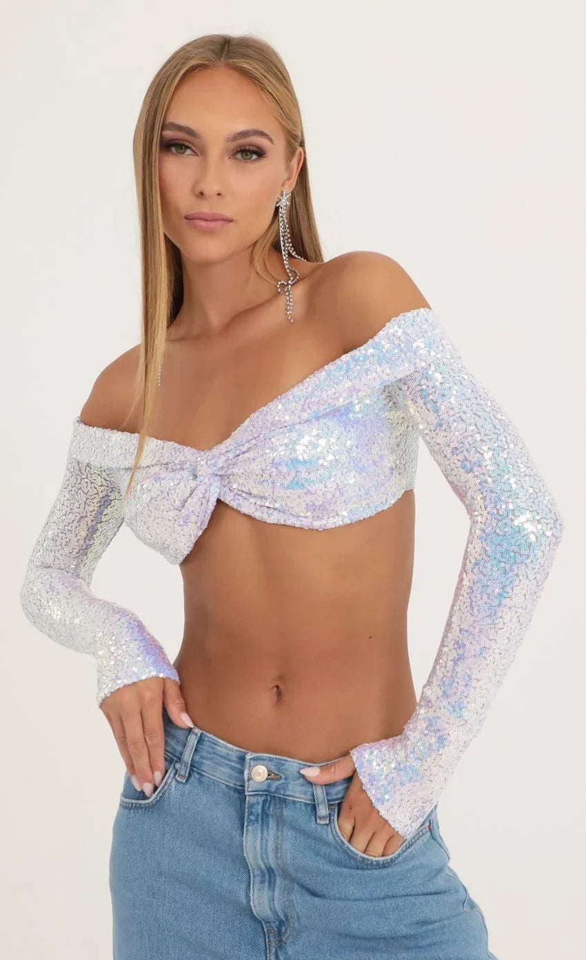 Iridescent Sequin Off The Shoulder Top In Purple