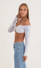 Iridescent Sequin Off The Shoulder Top In Purple